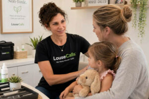 A woman in a LouseCalls shirt speaks with a mother and her young daughter, who is holding a stuffed bunny, in a clean, bright room with medical supplies and plants visible.