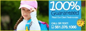 Young girl in a pink cap and blue shirt holding backpack strap, standing outdoors. Text reads 100% Guaranteed, with contact number 561.376.1066 and a cartoon sun in the corner.